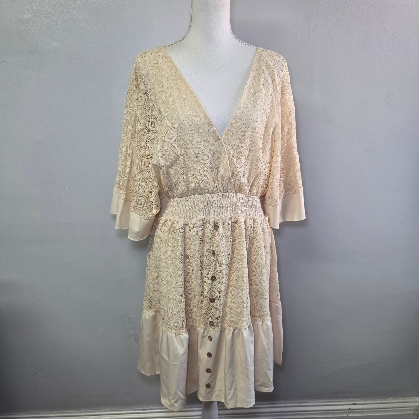 V Keyhole Back Cream Lace V-Neck Mini Dress Xl Bell Sleeve Boho